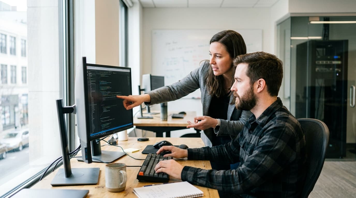 Two security engineers in an office environment collaborating over a piece of code displayed on a computer monitor.