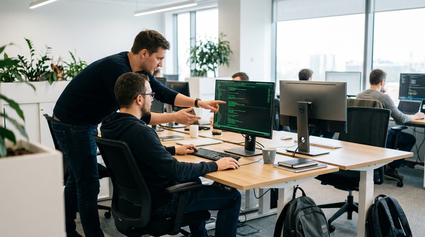 Two security engineers in an office environment collaborating over a piece of code displayed on a computer monitor.