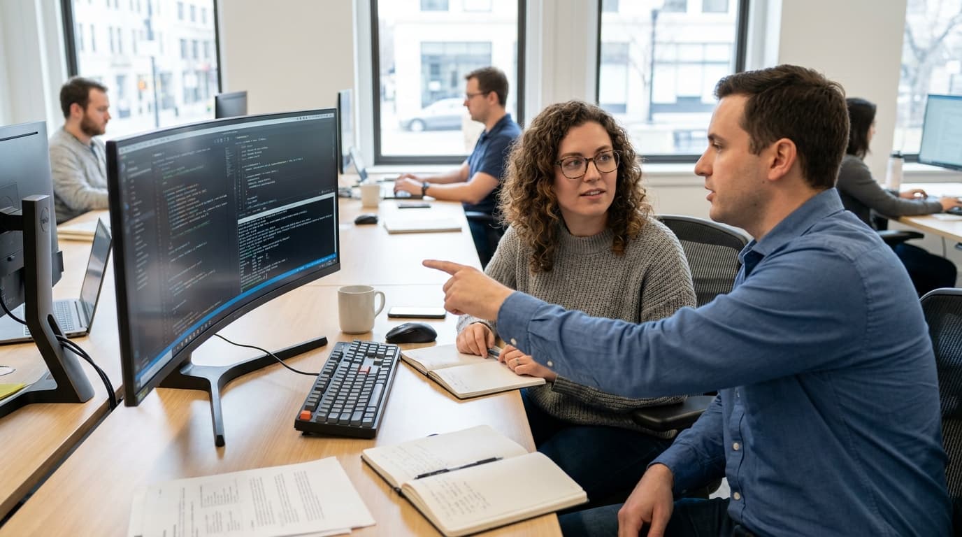 Two security engineers in an office environment collaborating over a piece of code displayed on a computer monitor.