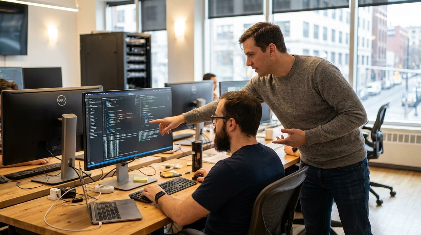 Two security engineers in an office environment collaborating over a piece of code displayed on a computer monitor.