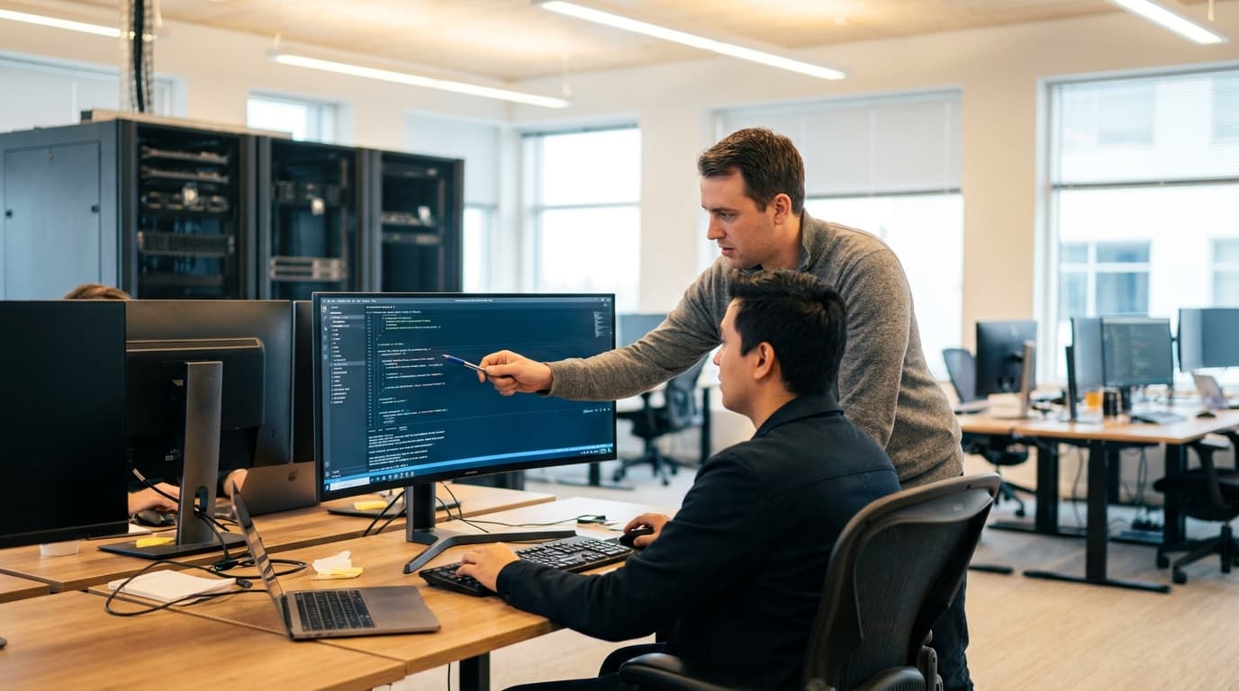 Two security engineers in an office environment collaborating over a piece of code displayed on a computer monitor.