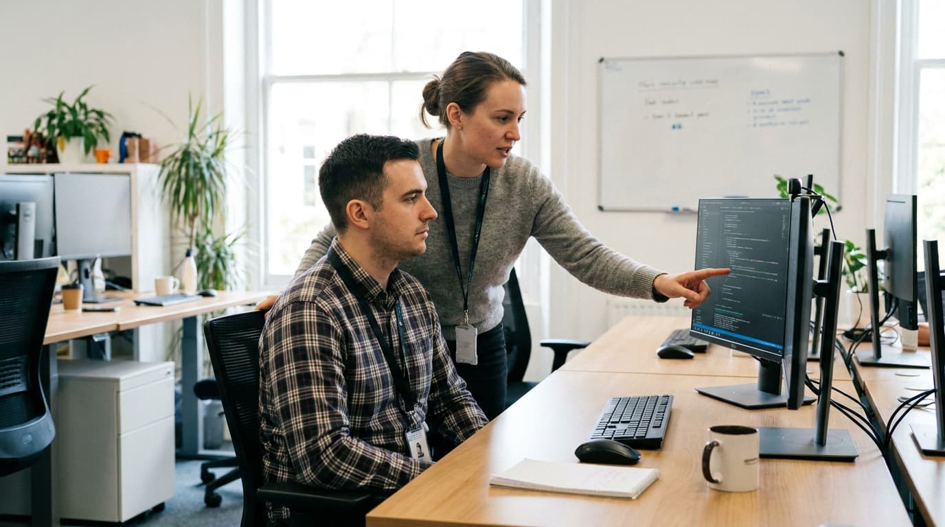 Two security engineers in an office environment collaborating over a piece of code displayed on a computer monitor.