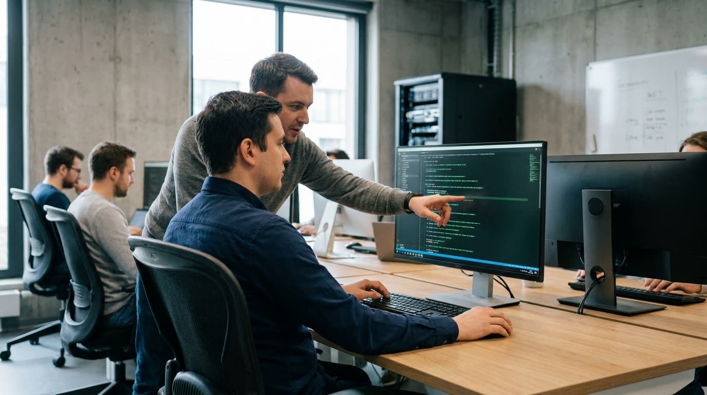 Two security engineers in an office environment collaborating over a piece of code displayed on a computer monitor.