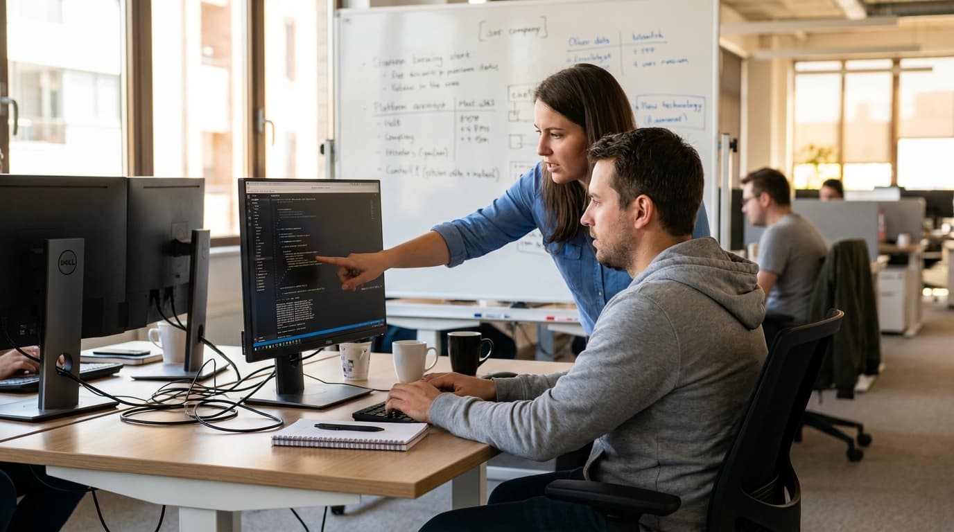 Two security engineers in an office environment collaborating over a piece of code displayed on a computer monitor.