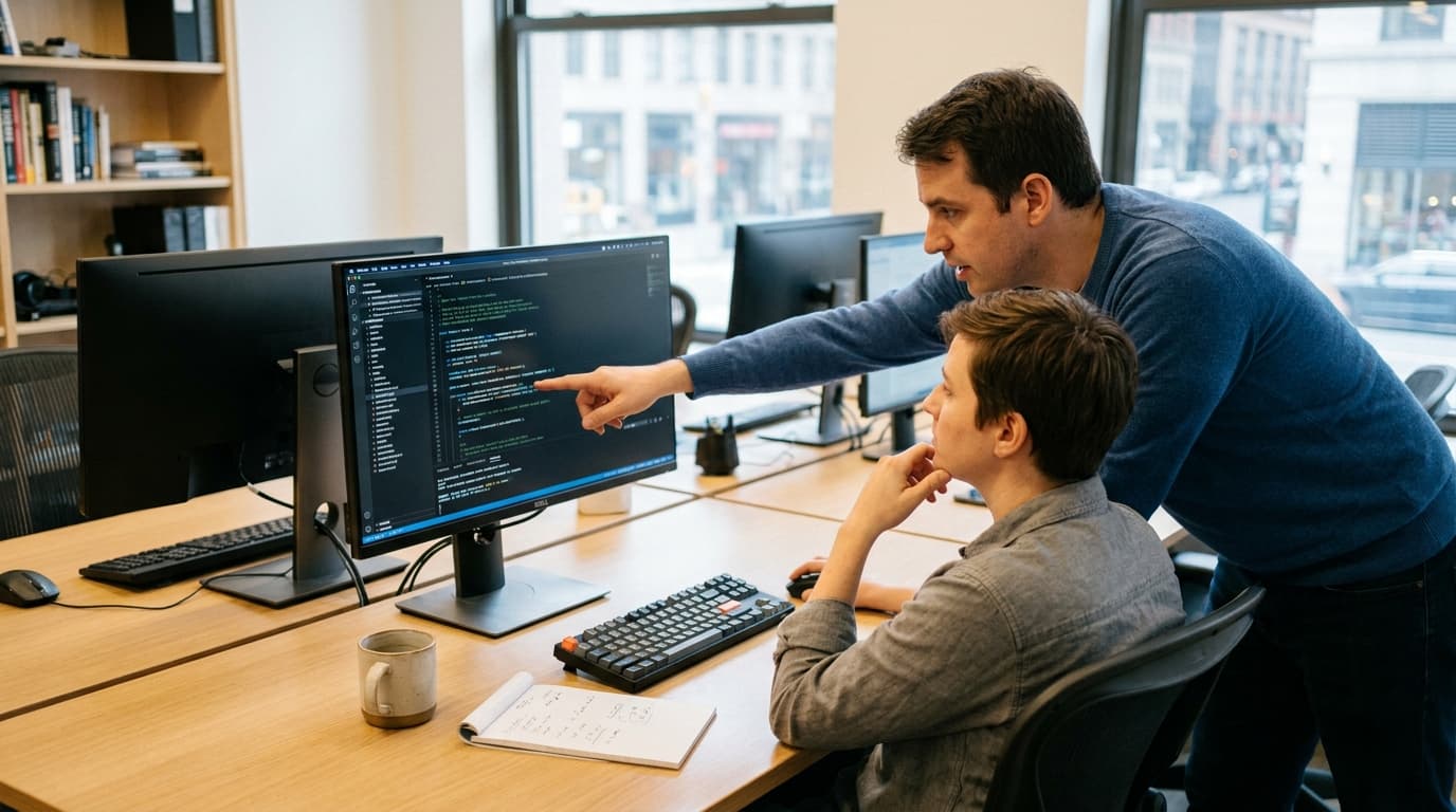 Two security engineers in an office environment collaborating over a piece of code displayed on a computer monitor.
