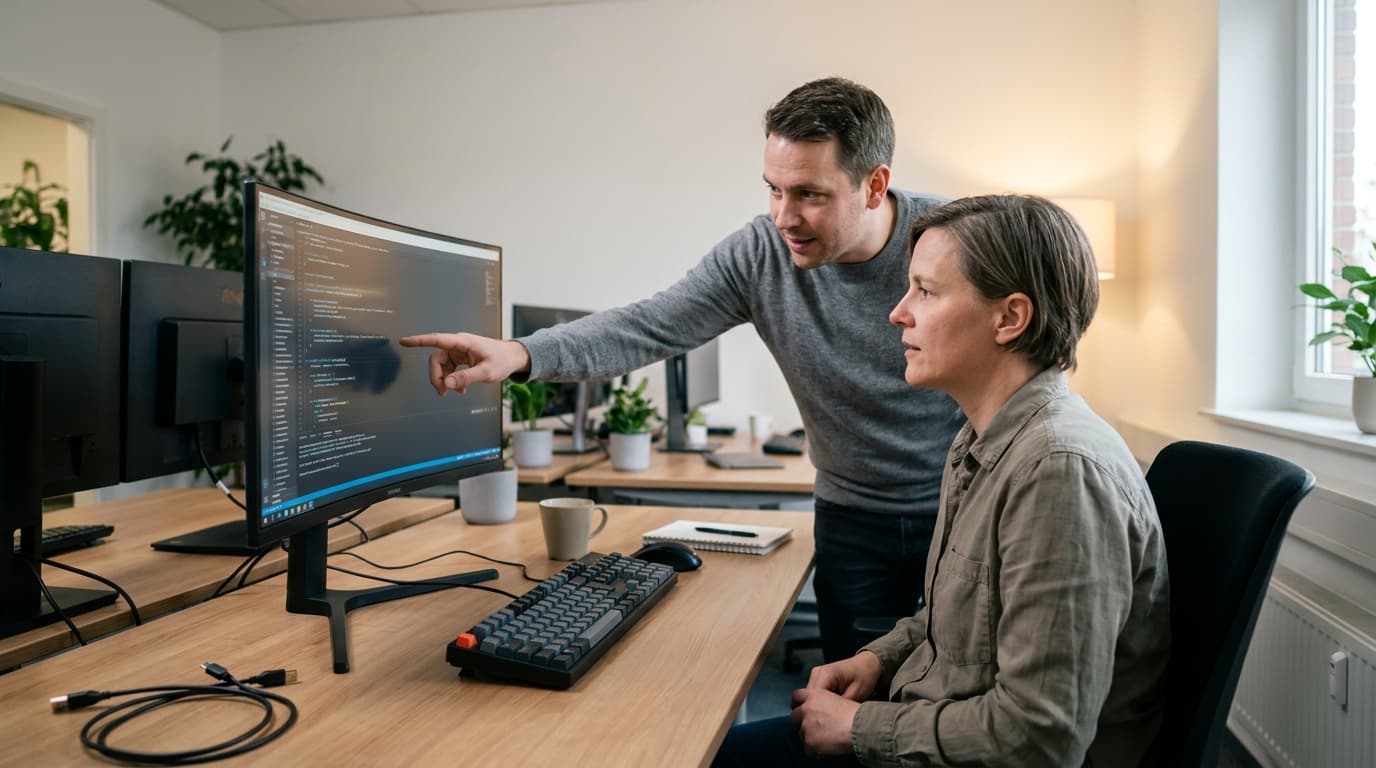 Two security engineers in an office environment collaborating over a piece of code displayed on a computer monitor.