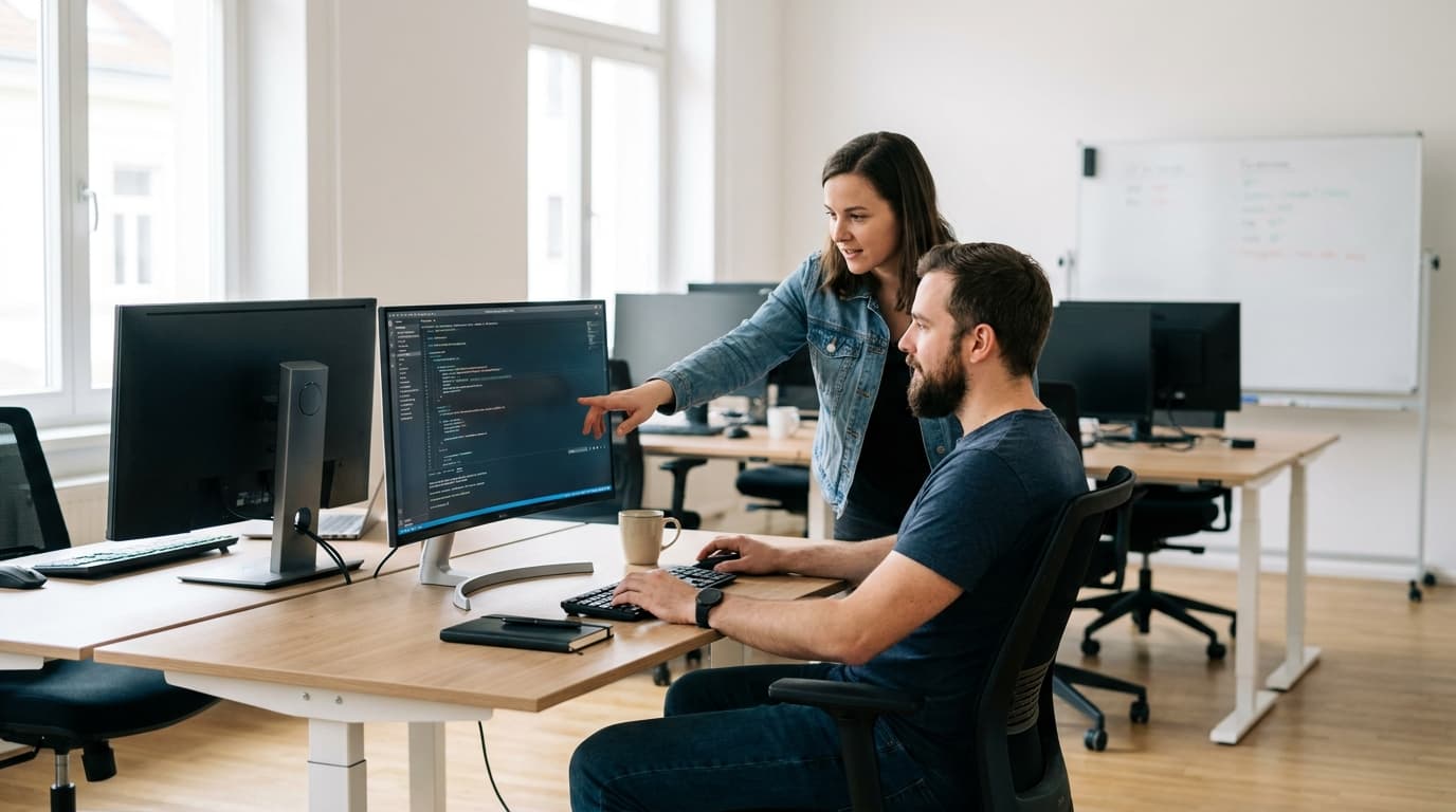 Two security engineers in an office environment collaborating over a piece of code displayed on a computer monitor.