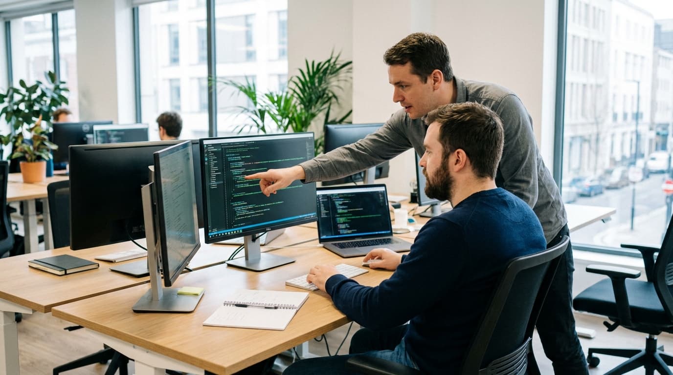 Two security engineers in an office environment collaborating over a piece of code displayed on a computer monitor.