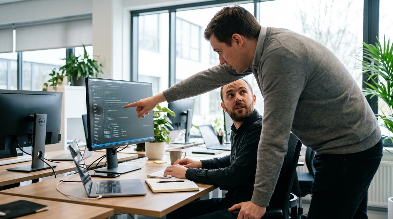 Two security engineers in an office environment collaborating over a piece of code displayed on a computer monitor.