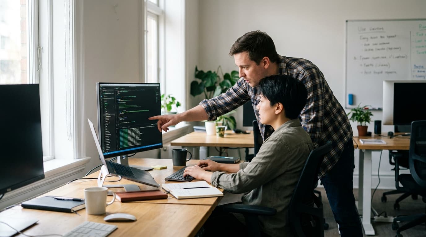 Two security engineers in an office environment collaborating over a piece of code displayed on a computer monitor.