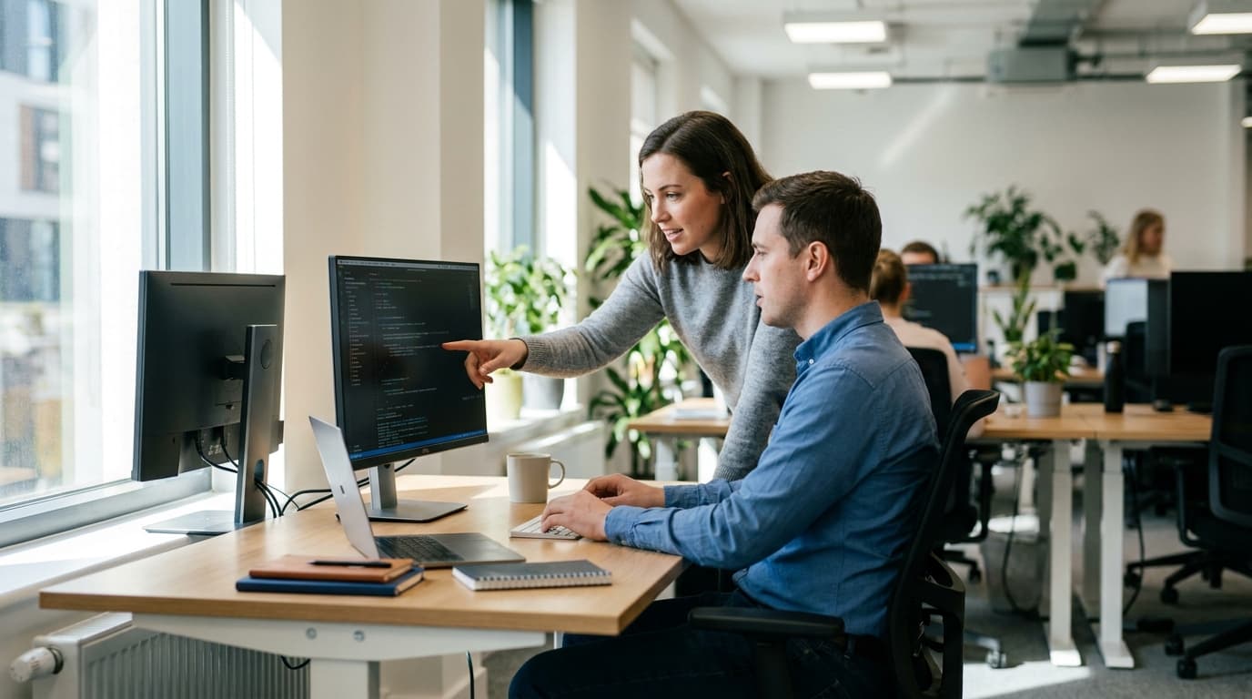 Two security engineers in an office environment collaborating over a piece of code displayed on a computer monitor.