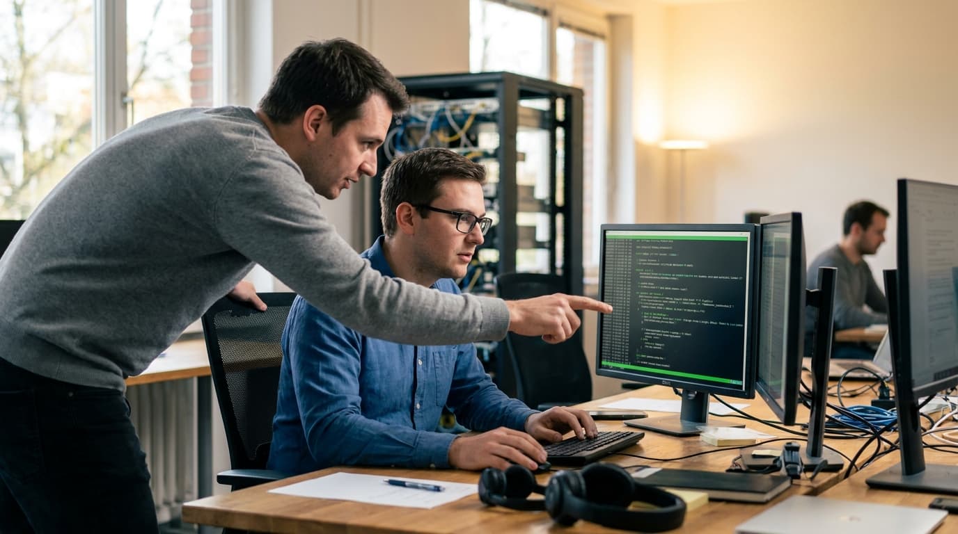 Two security engineers in an office environment collaborating over a piece of code displayed on a computer monitor.