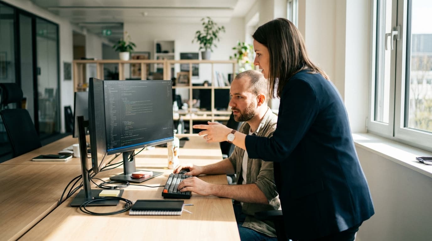 Two security engineers in an office environment collaborating over a piece of code displayed on a computer monitor.