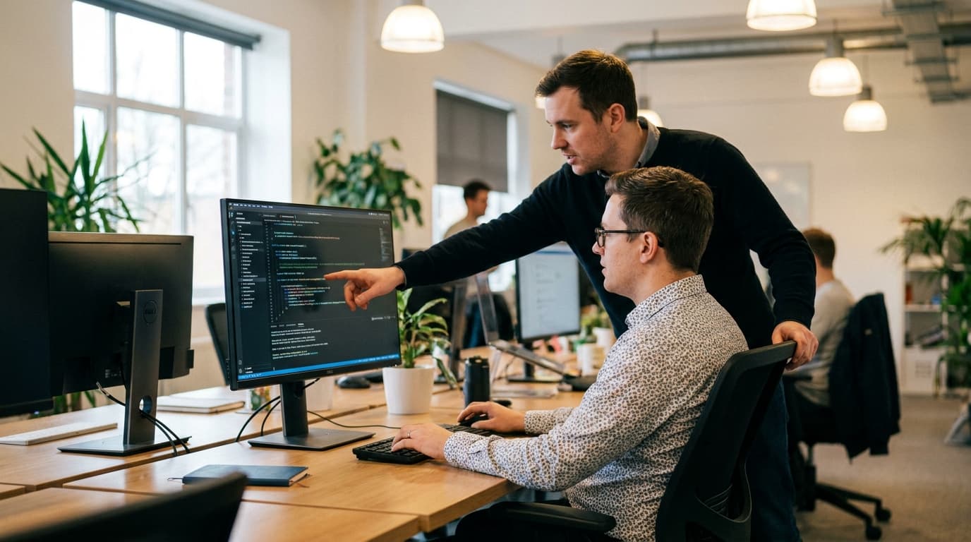 Two security engineers in an office environment collaborating over a piece of code displayed on a computer monitor.