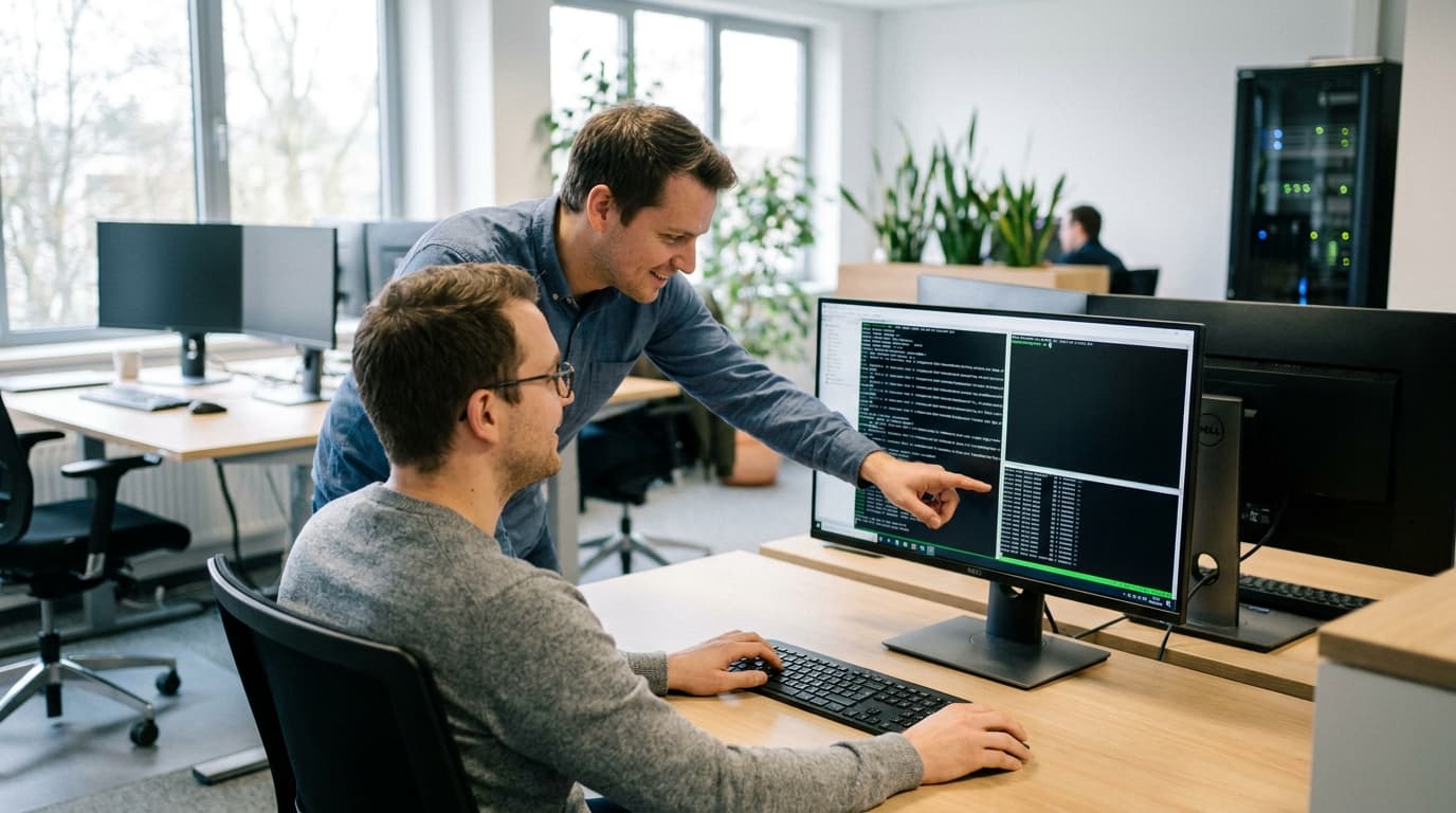 Two security engineers in an office environment collaborating over a piece of code displayed on a computer monitor.
