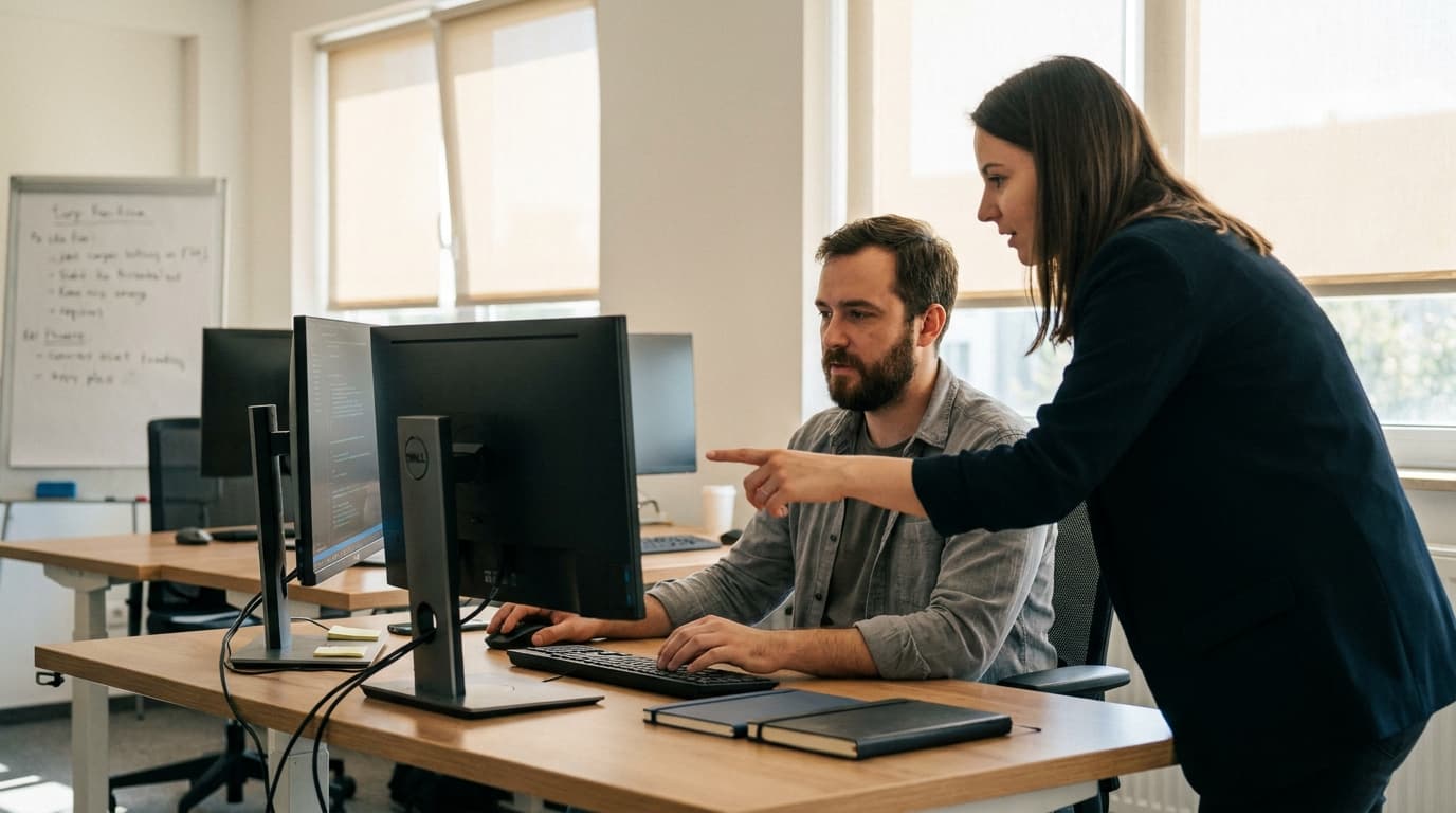 Two security engineers in an office environment collaborating over a piece of code displayed on a computer monitor.