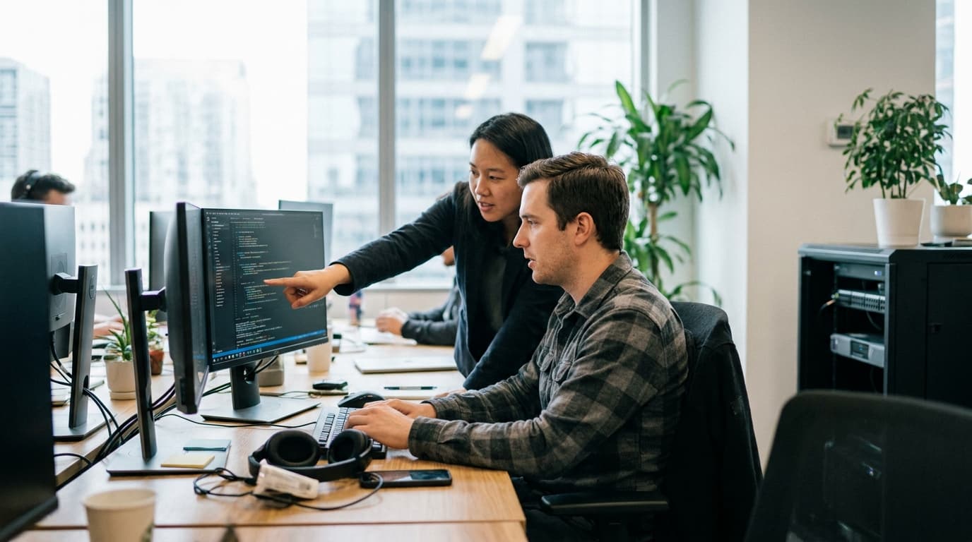 Two security engineers in an office environment collaborating over a piece of code displayed on a computer monitor.