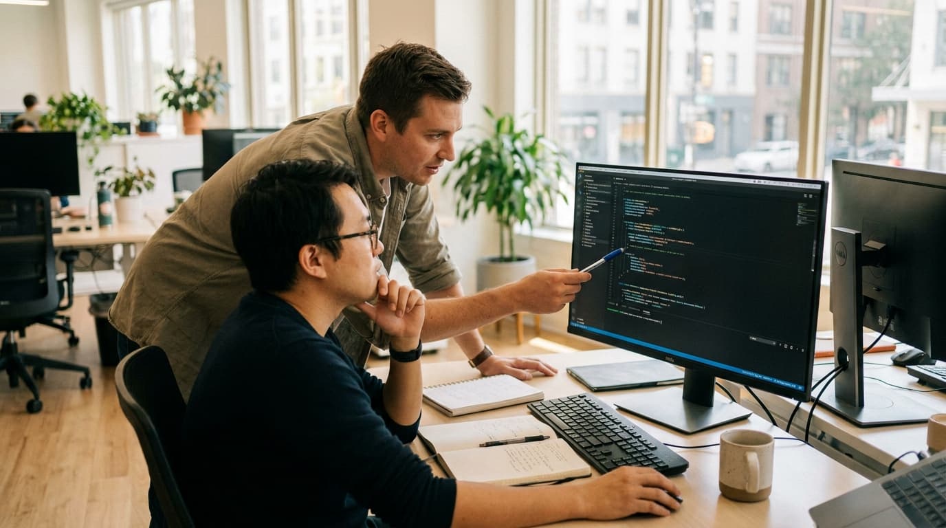 Two security engineers in an office environment collaborating over a piece of code displayed on a computer monitor.
