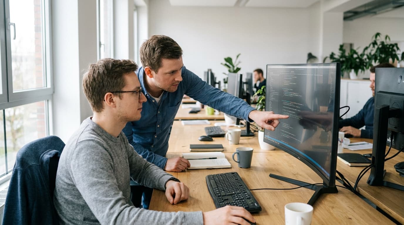 Two security engineers in an office environment collaborating over a piece of code displayed on a computer monitor.