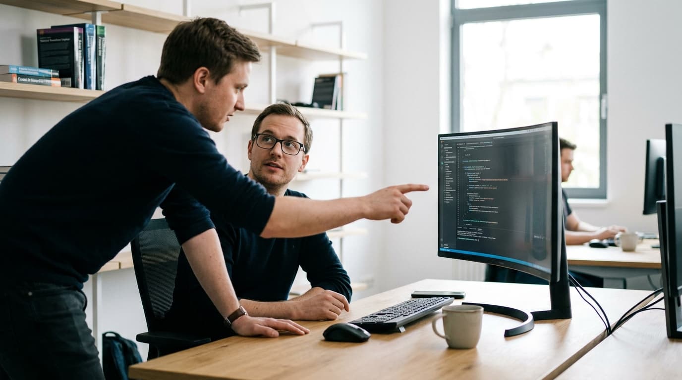 Two security engineers in an office environment collaborating over a piece of code displayed on a computer monitor.