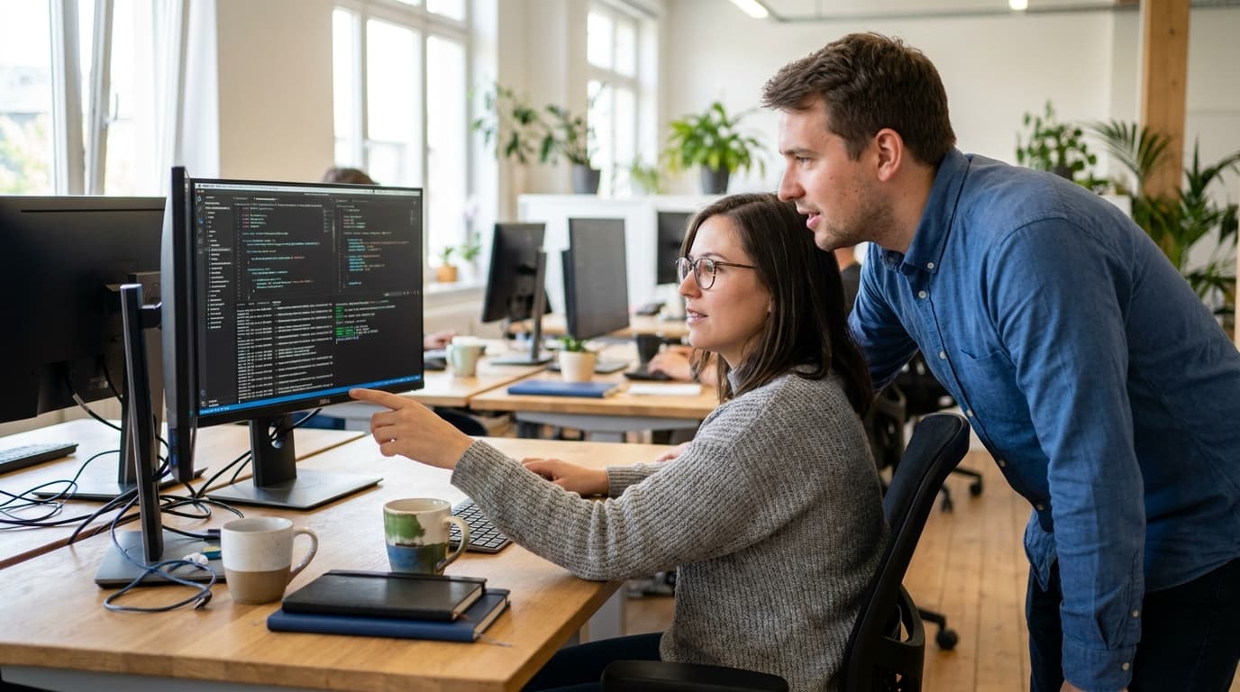 Two security engineers in an office environment collaborating over a piece of code displayed on a computer monitor.