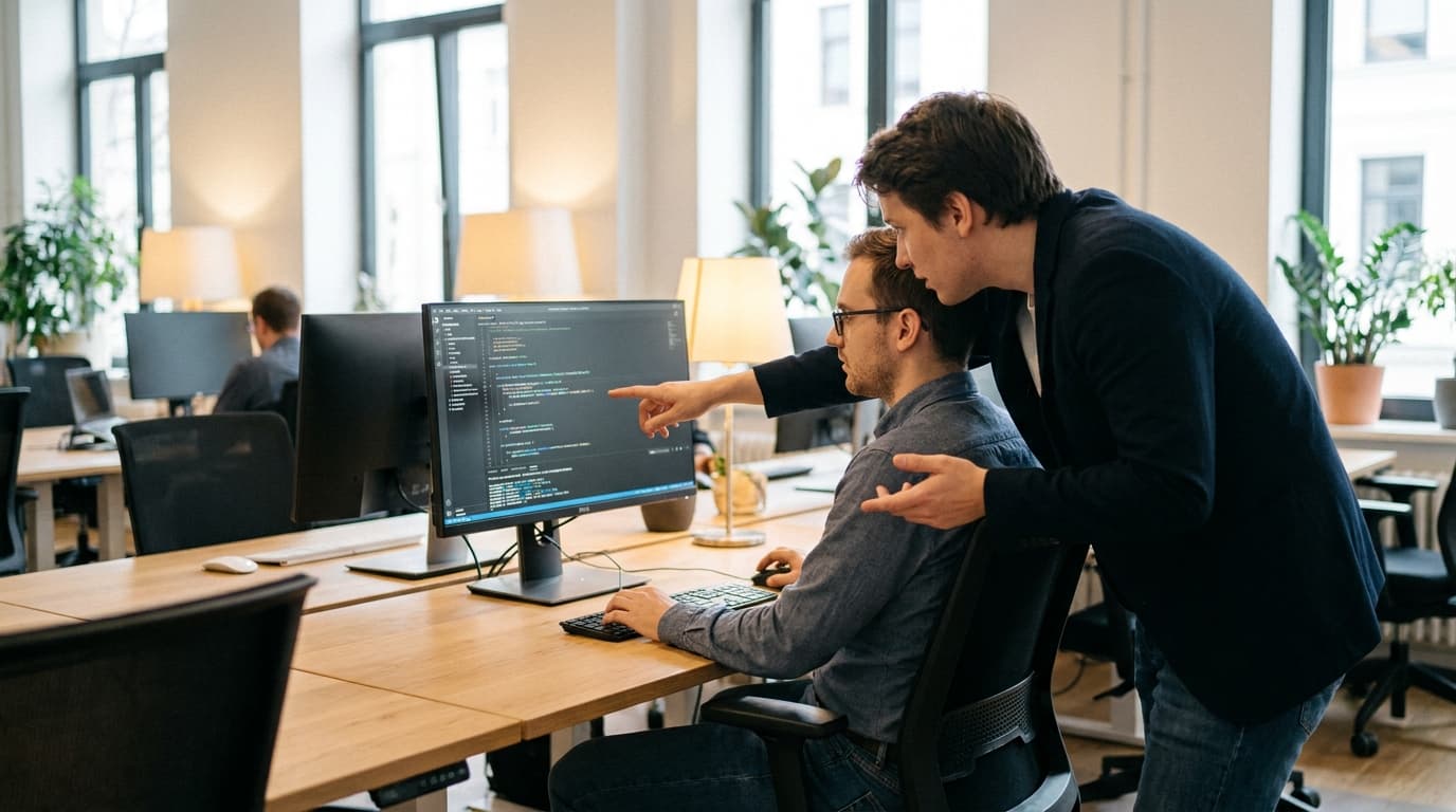 Two security engineers in an office environment collaborating over a piece of code displayed on a computer monitor.