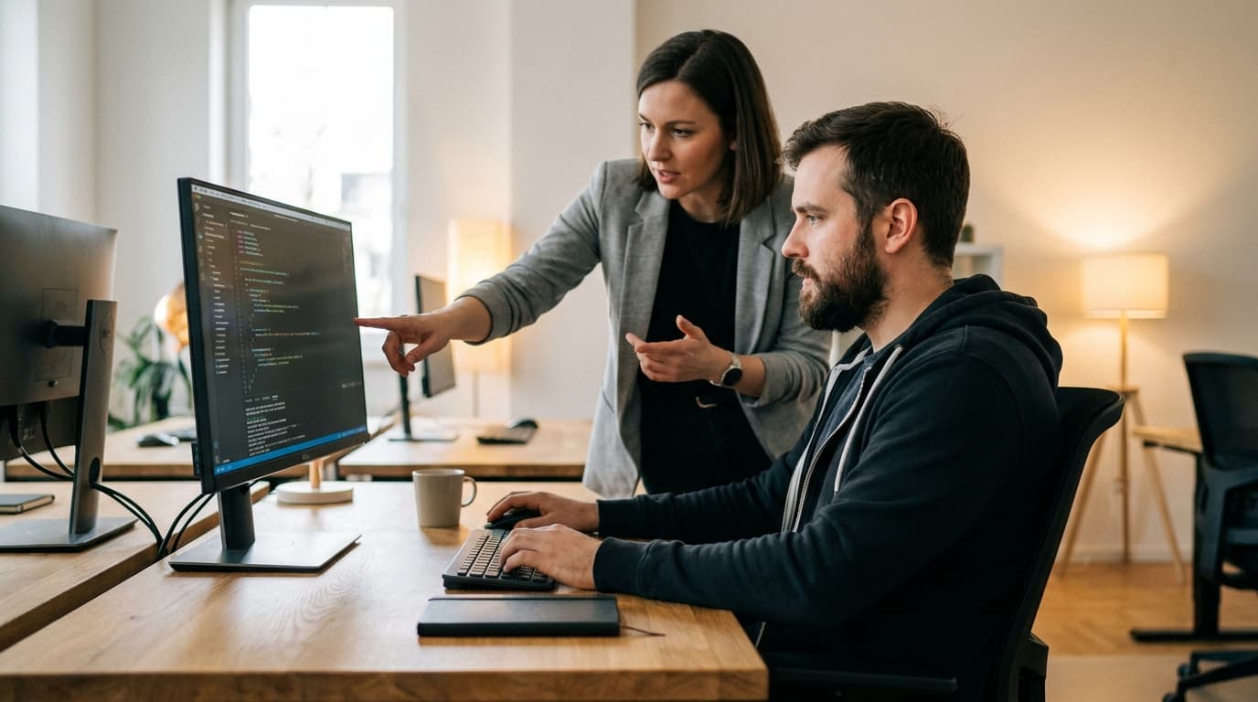 Two security engineers in an office environment collaborating over a piece of code displayed on a computer monitor.