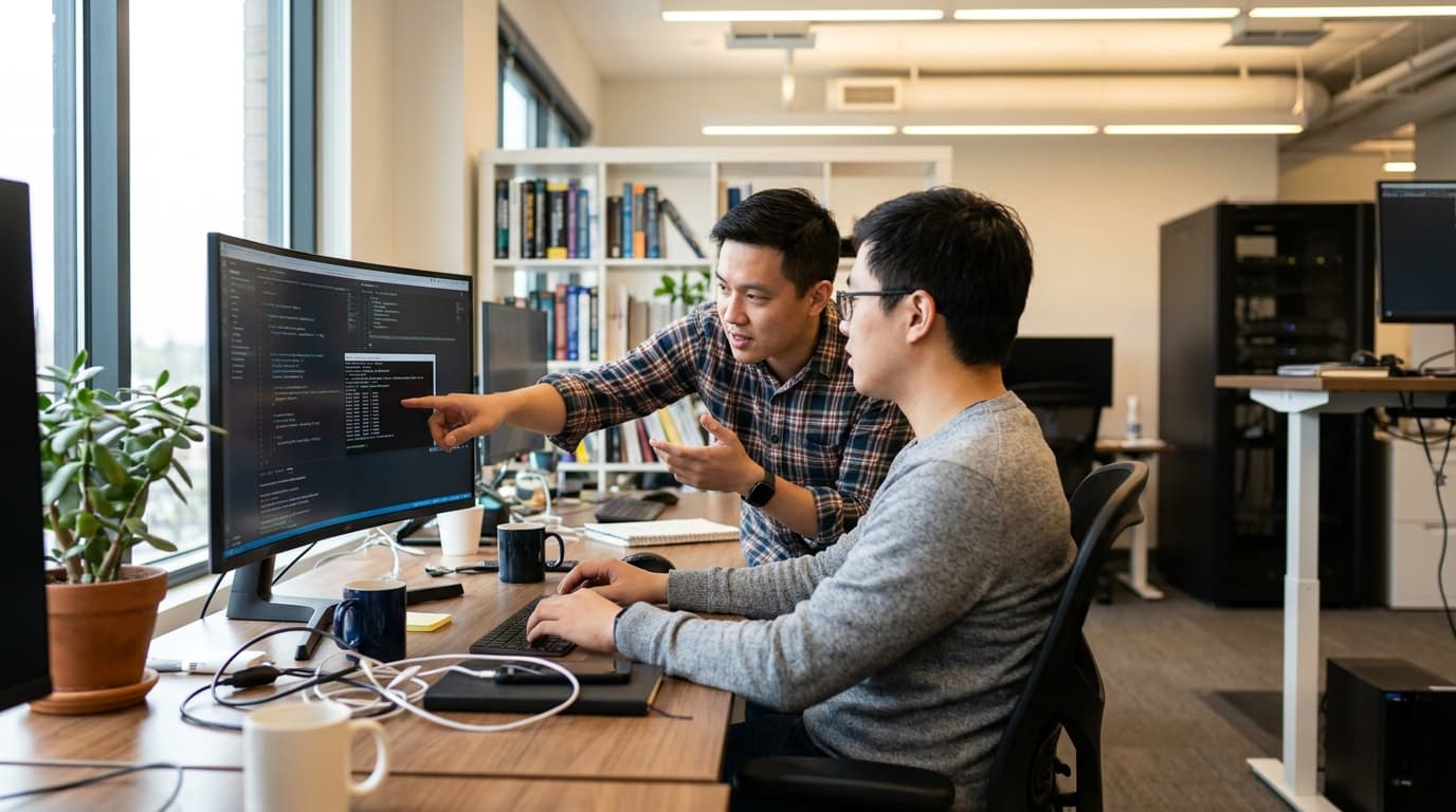 Two security engineers in an office environment collaborating over a piece of code displayed on a computer monitor.