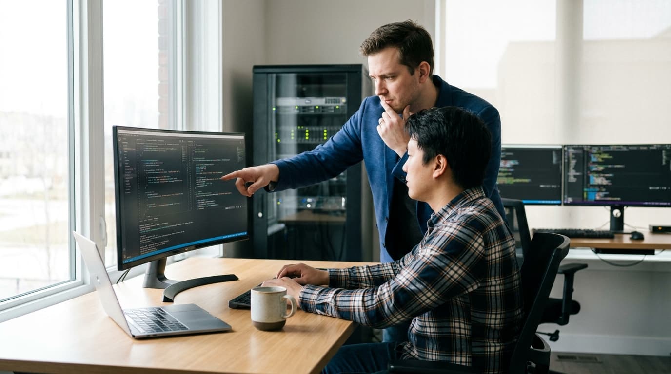 Two security engineers in an office environment collaborating over a piece of code displayed on a computer monitor.