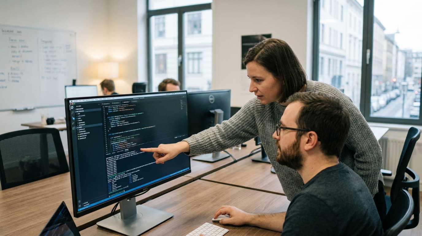 Two security engineers in an office environment collaborating over a piece of code displayed on a computer monitor.