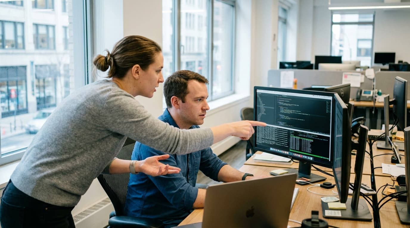 Two security engineers in an office environment collaborating over a piece of code displayed on a computer monitor.