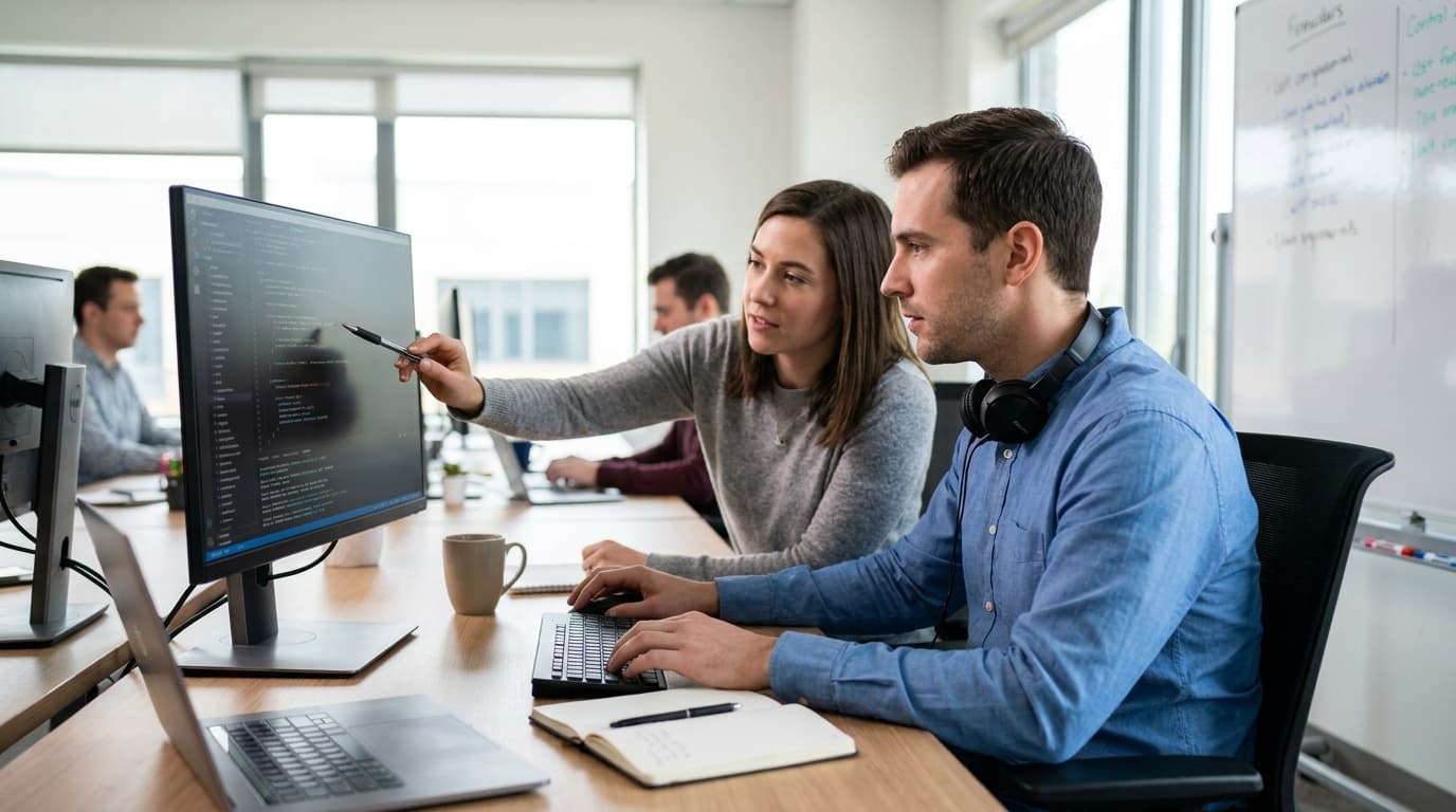 Two security engineers in an office environment collaborating over a piece of code displayed on a computer monitor.