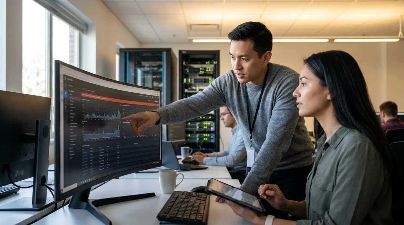 Two security professionals in an operations center analyze data on a large screen, discussing a security alert.