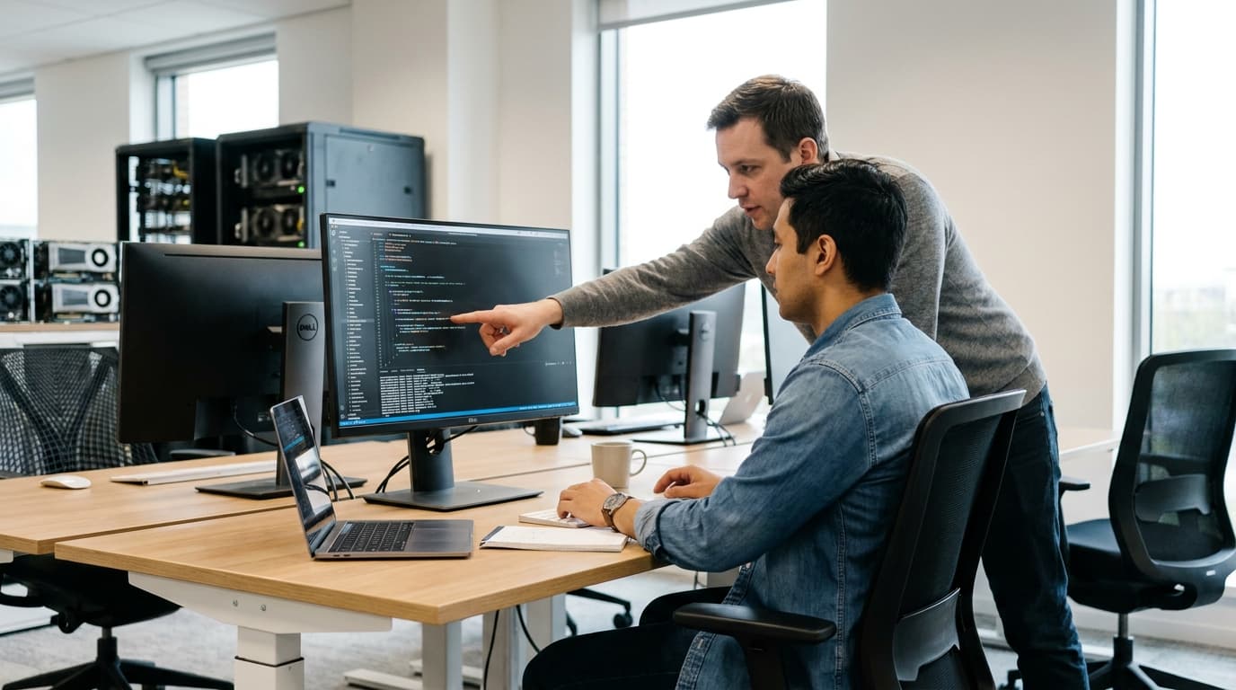 Two security engineers in an office environment collaborating over a piece of code displayed on a computer monitor.