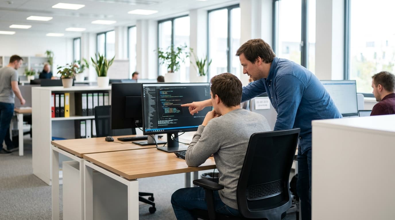Two security engineers in an office environment collaborating over a piece of code displayed on a computer monitor.