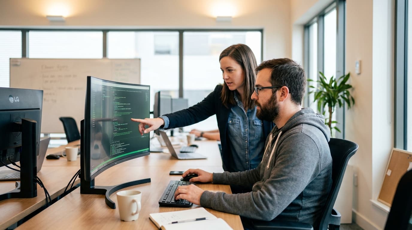 Two security engineers in an office environment collaborating over a piece of code displayed on a computer monitor.