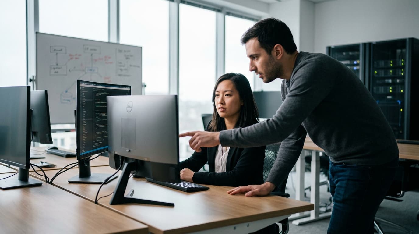 Two security engineers in an office environment collaborating over a piece of code displayed on a computer monitor.