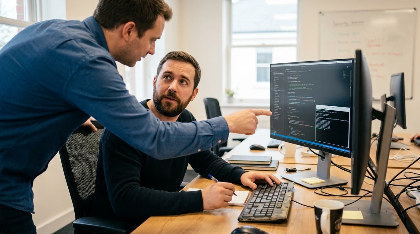 Two security engineers in an office environment collaborating over a piece of code displayed on a computer monitor.