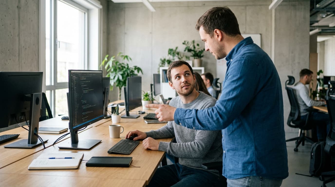 Two security engineers in an office environment collaborating over a piece of code displayed on a computer monitor.