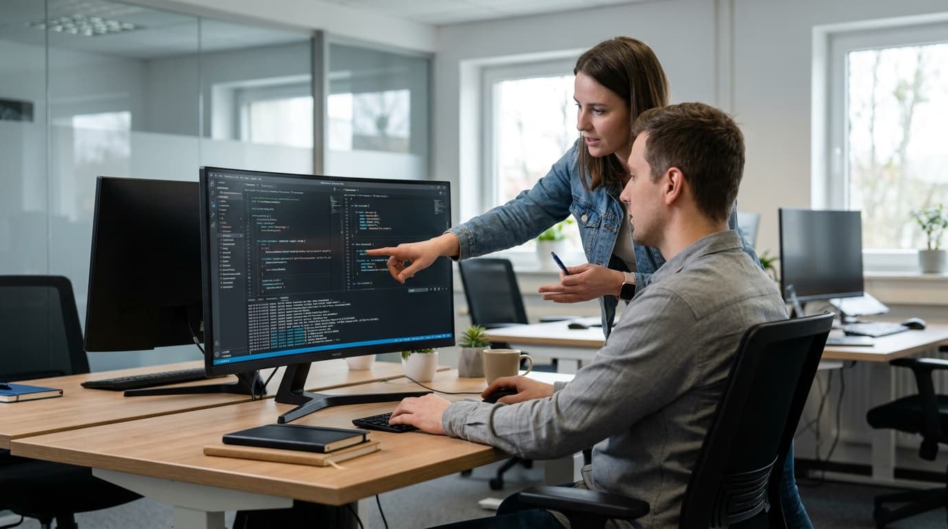Two security engineers in an office environment collaborating over a piece of code displayed on a computer monitor.