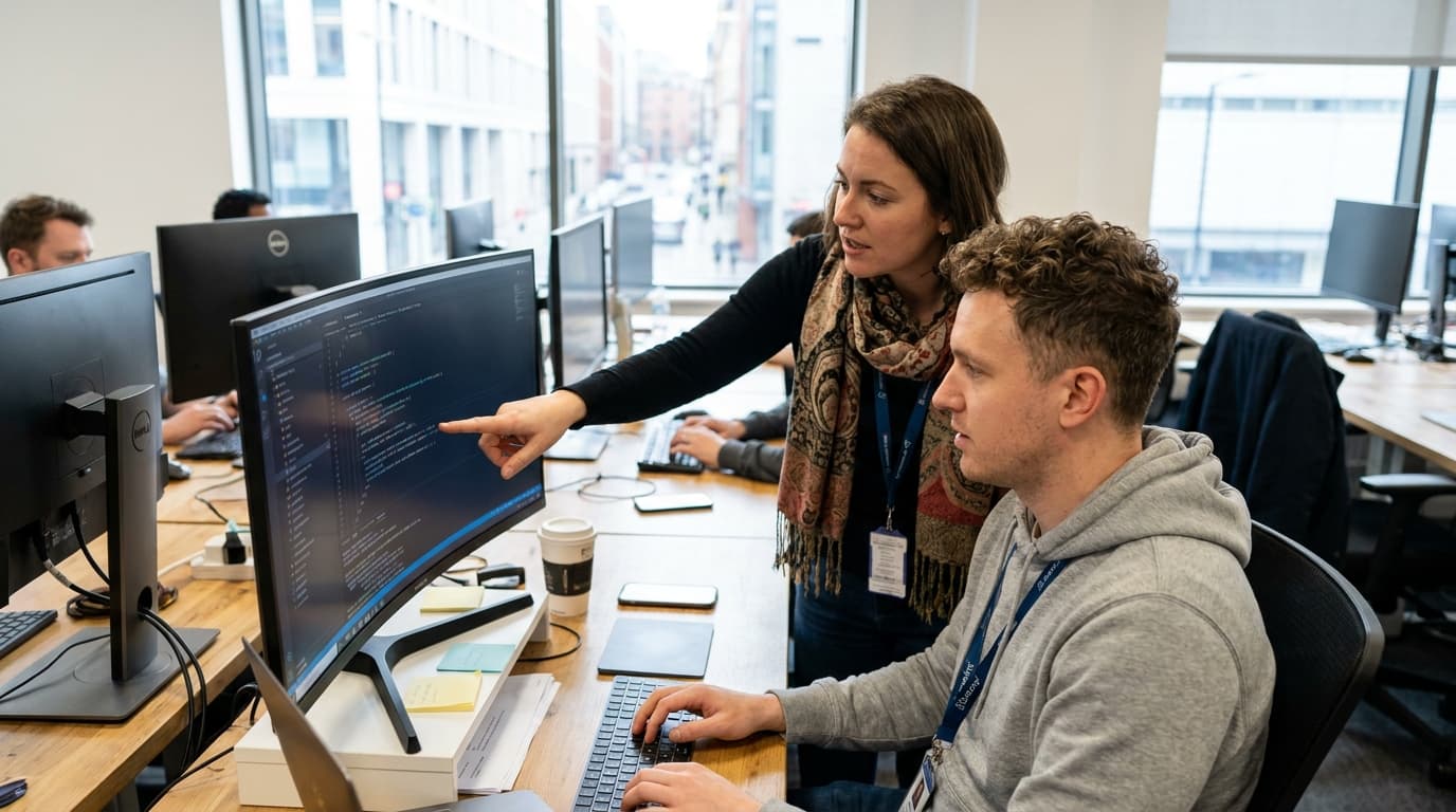 Two security engineers in an office environment collaborating over a piece of code displayed on a computer monitor.