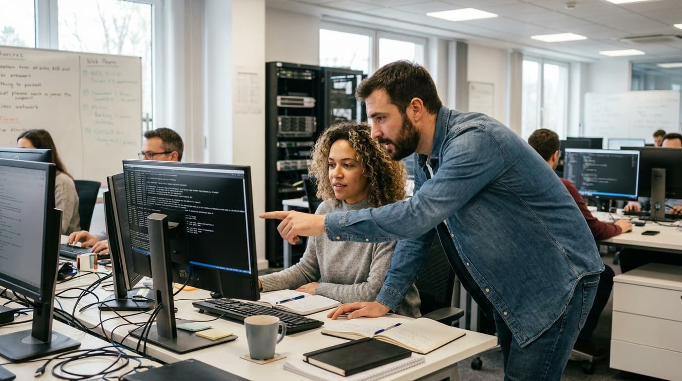 Two security engineers in an office environment collaborating over a piece of code displayed on a computer monitor.