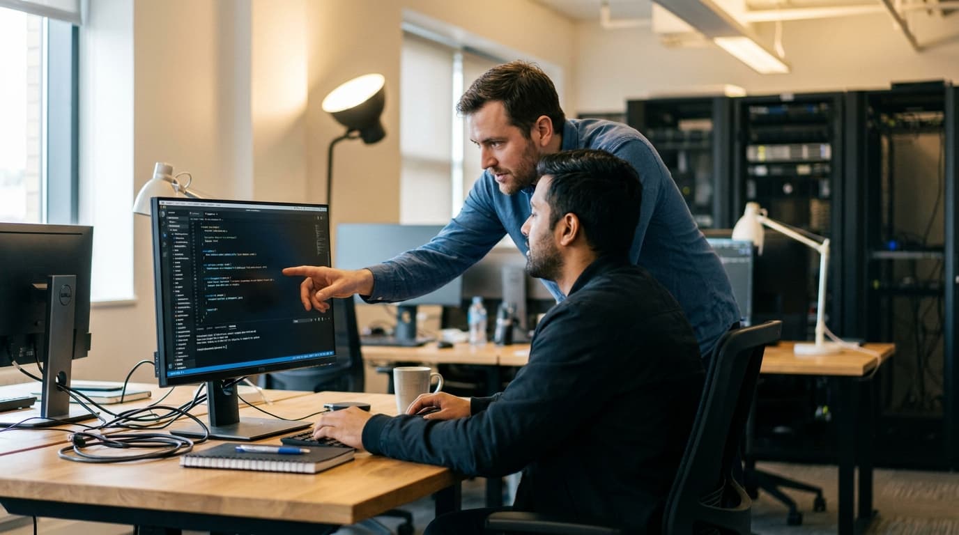 Two security engineers in an office environment collaborating over a piece of code displayed on a computer monitor.