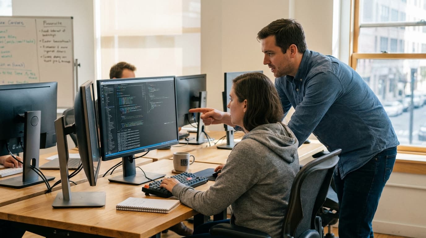 Two security engineers in an office environment collaborating over a piece of code displayed on a computer monitor.