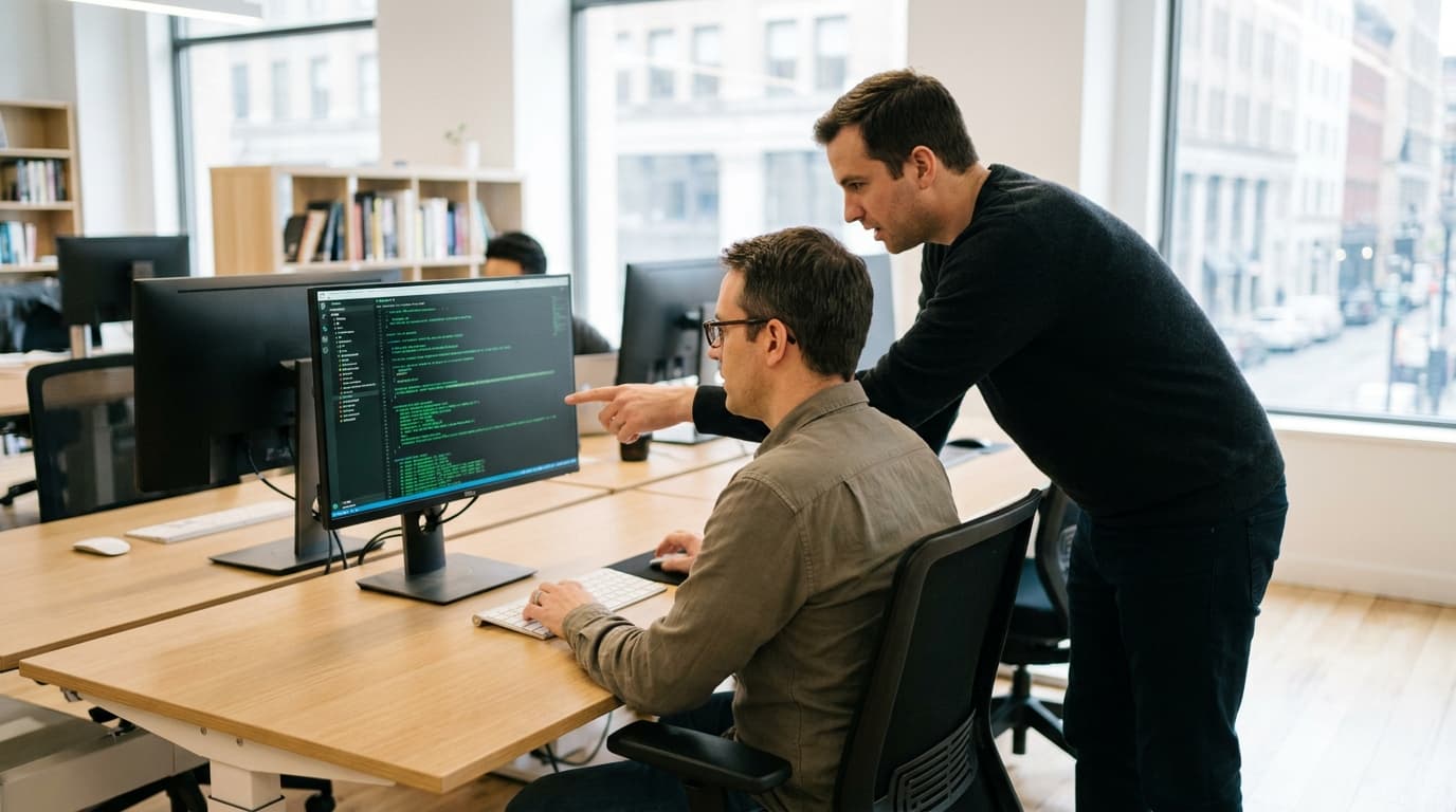 Two security engineers in an office environment collaborating over a piece of code displayed on a computer monitor.