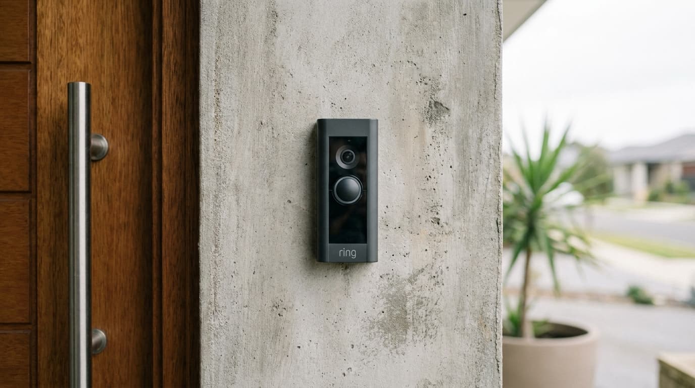 A modern video doorbell with a camera lens, mounted on the wall next to a residential front door.