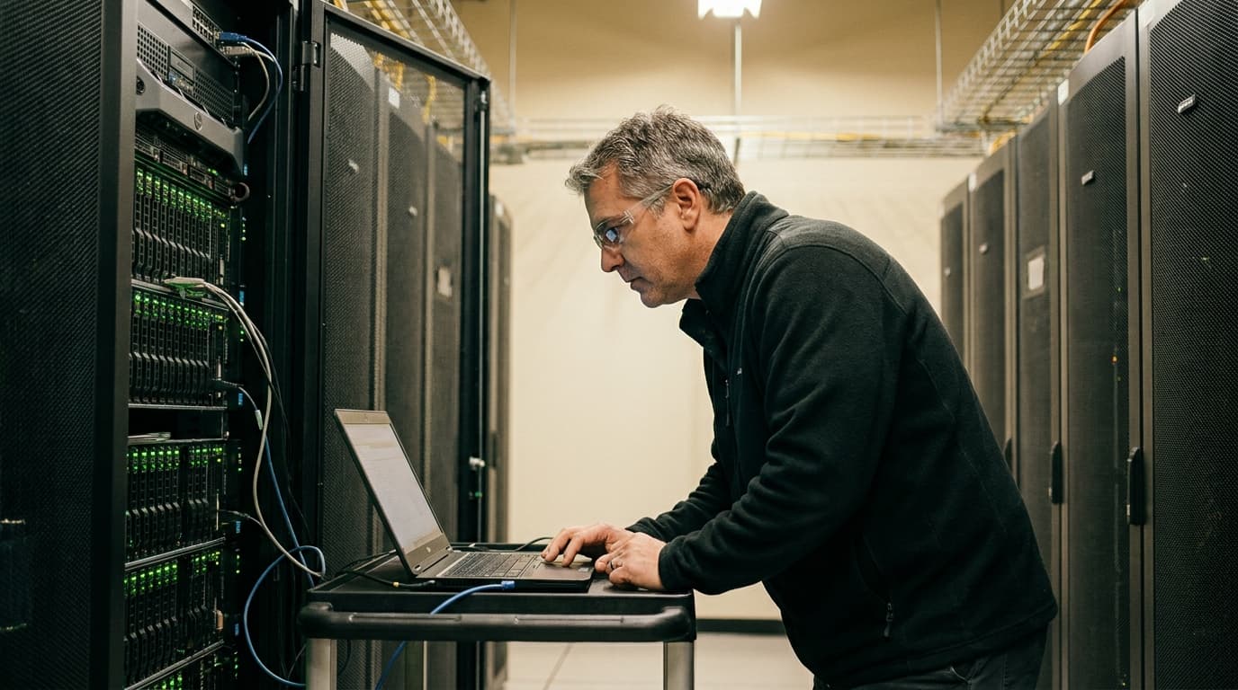 An engineer works on a server rack inside a data center, monitoring system performance.