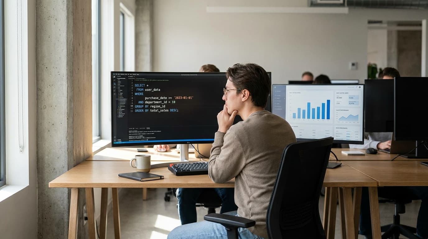 A data analyst works on SQL queries on a large computer monitor in a modern office setting.