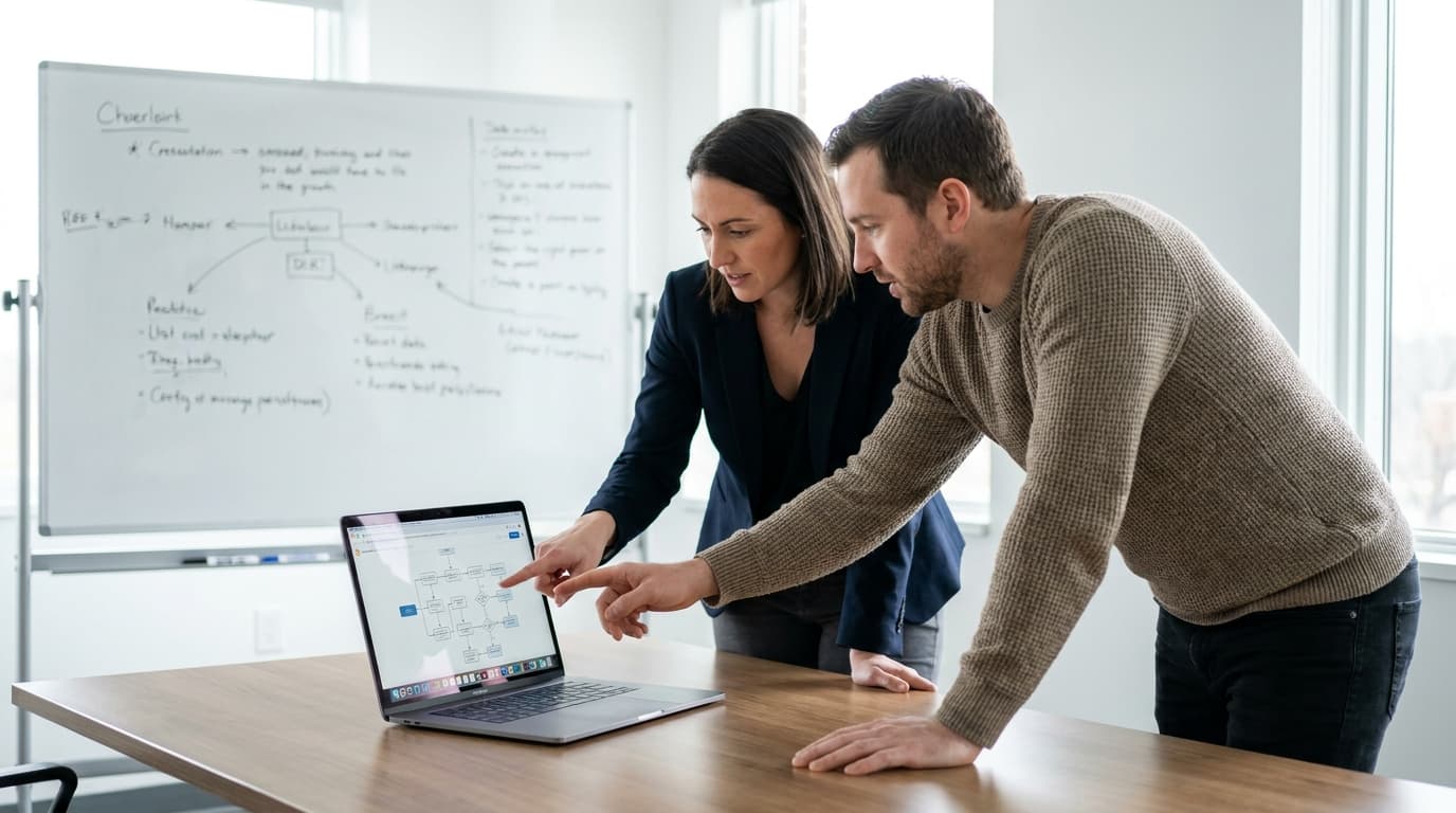 A business analyst and developer collaborate on a decision model flowchart on a laptop in a modern office.