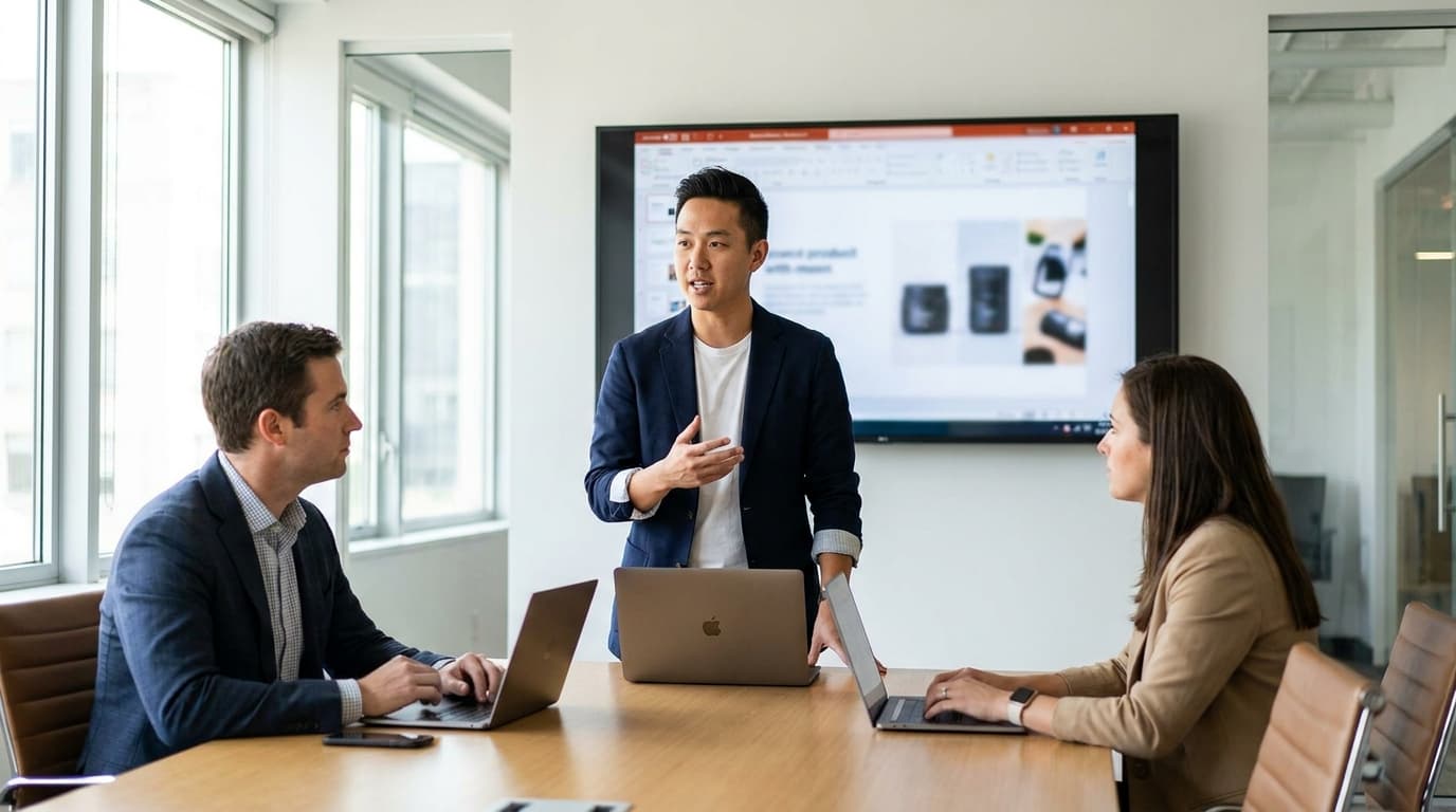A founder presents a business plan to two investors at a conference table in an office.